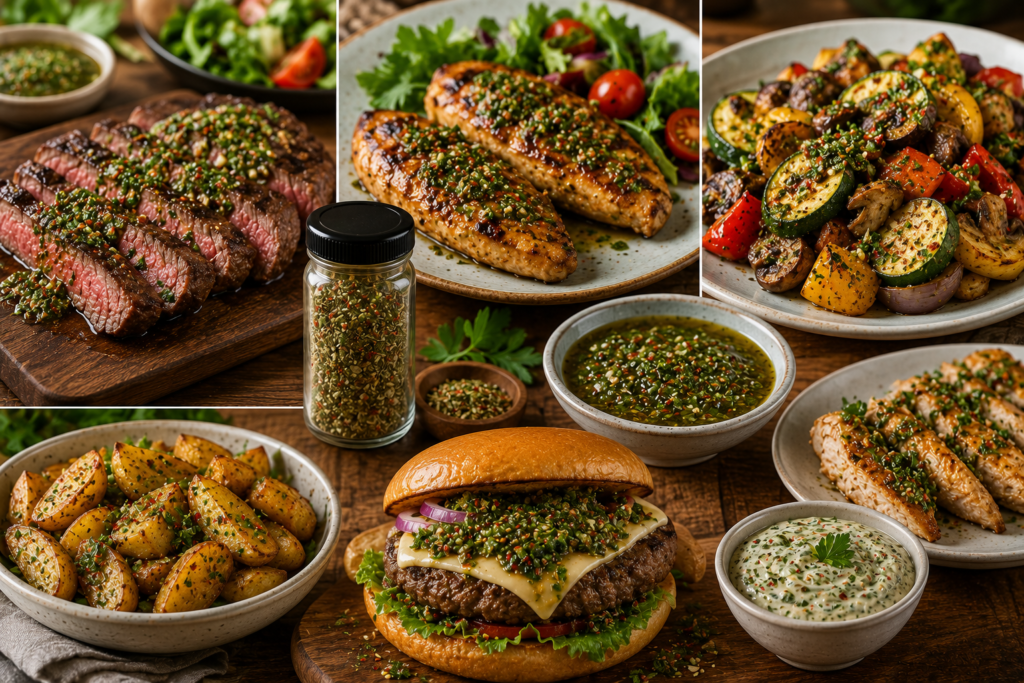 comidas com chimichurri em cima da mesa