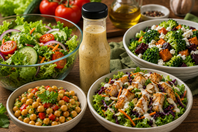 molho e tempero para salada com combucas de salada em volta