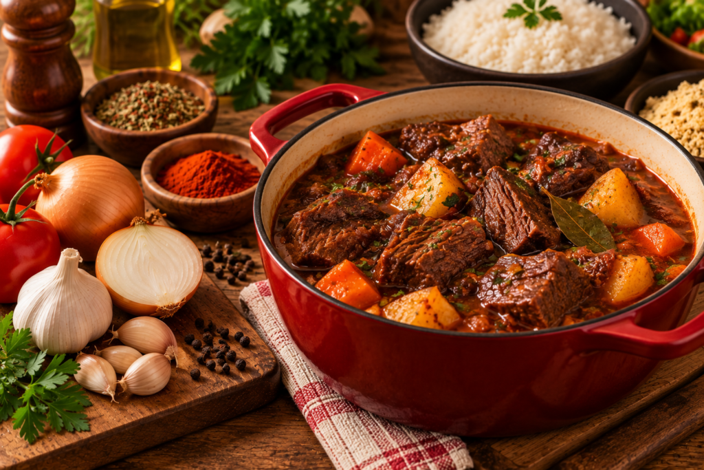Panela de carne de panela cozida com batata, cenoura e ervas, pronta para servir