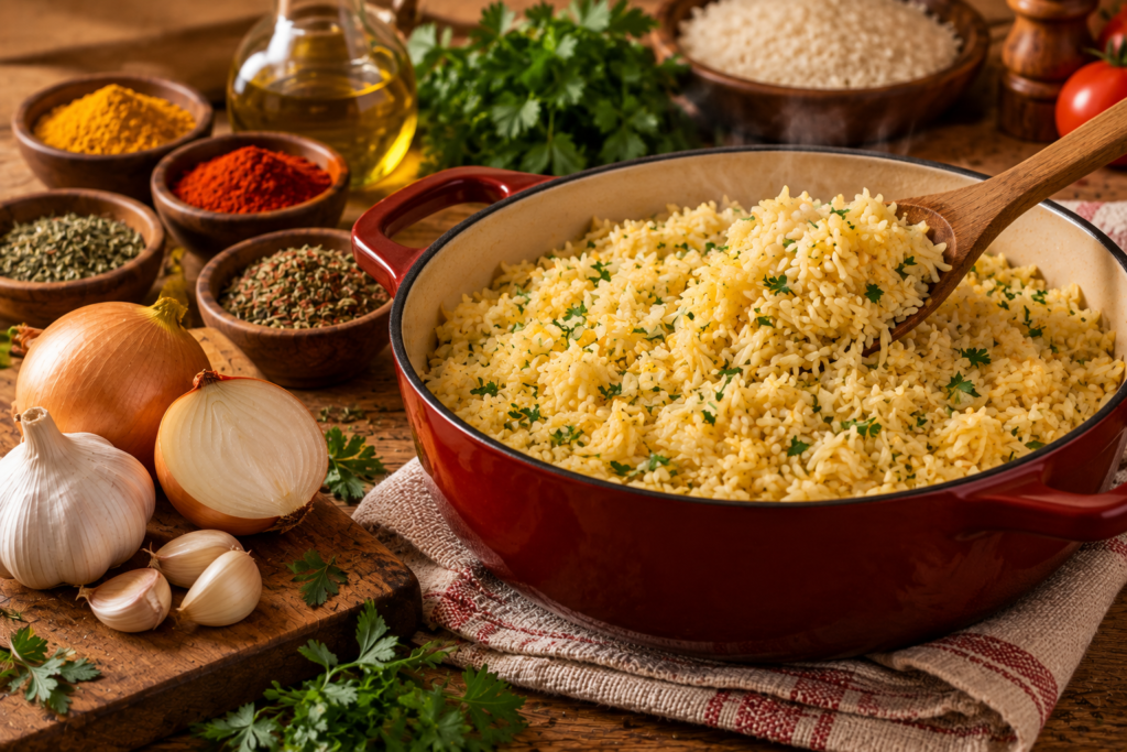 Panela de arroz temperado com salsinha, pronto para servir