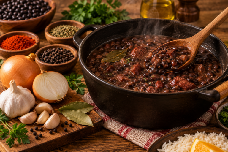 Panela de feijão temperado com folha de louro e pedaços de carne, fumegante