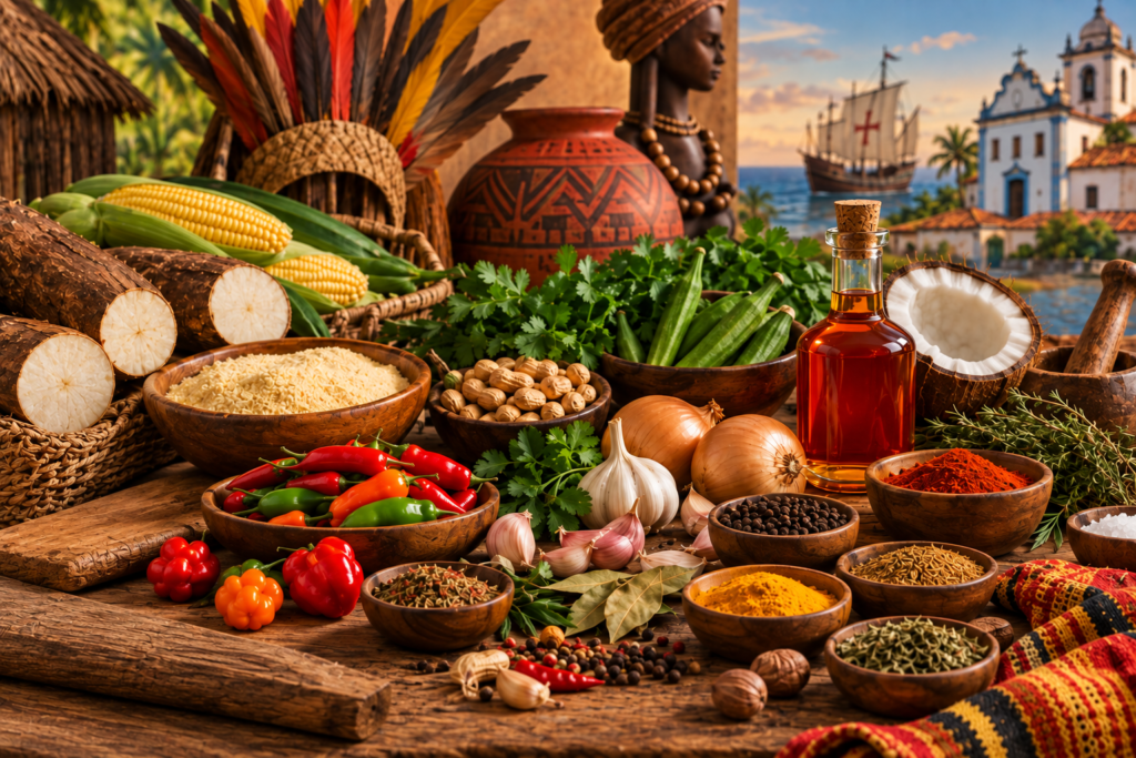 Ingredientes indígenas, africanos e portugueses que formaram a história dos temperos no Brasil, com uma caravela ao fundo