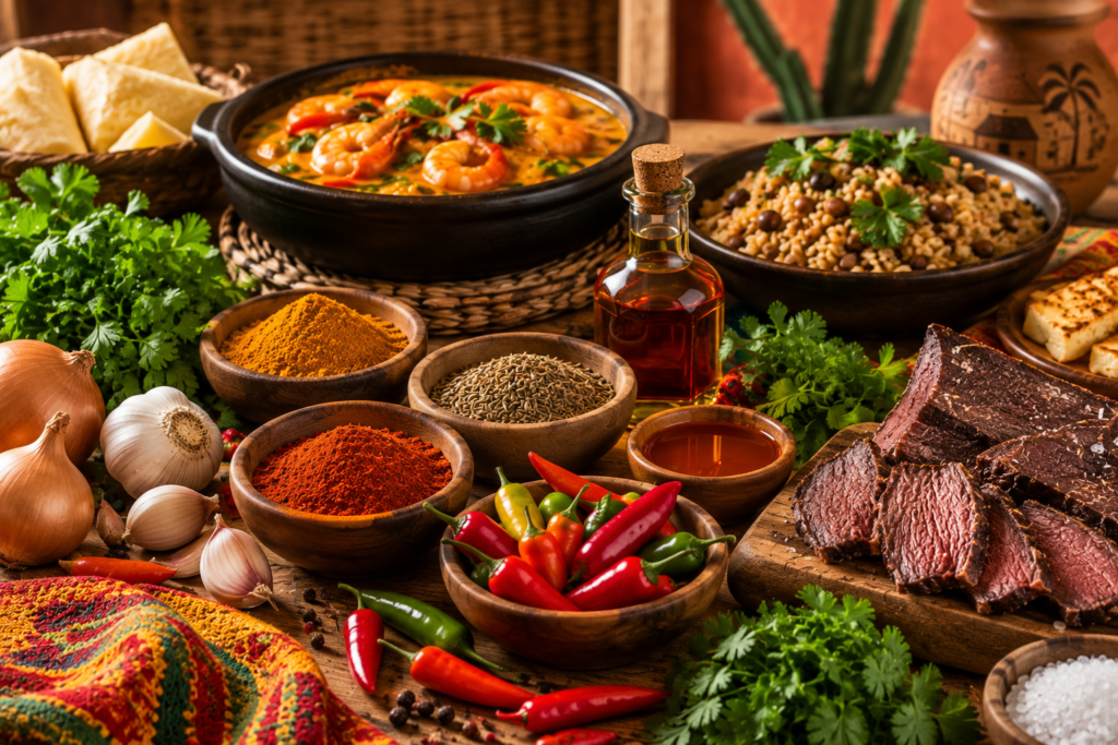 Moqueca de camarão, carne de sol e temperos típicos da culinária nordestina